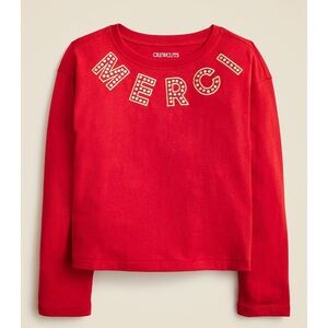 NWT J. Crew Girls' Long-sleeve Embellished "Merci" Graphic T-shirt Red